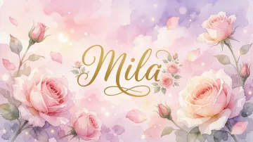 Mila horizontal diseño 10 - Diseño estilo acuarela con un fondo etéreo y texturizado en nubes de tonos rosa pastel y lila suave. Presenta composiciones de rosas abiertas y capullos en los bordes inferior y superior, con pétalos cayendo delicadamente. Incorpora destellos de luz cálida (efecto bokeh) y, en el centro, resalta una tipografía elegante, cursiva y fluida en color dorado.
