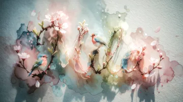 Mila horizontal diseño 11 - Un delicado diseño de estilo acuarela digital que combina una tipografía de caligrafía personalizada para el nombre en tonos dorados y rosados suaves, adornada con pequeñas hojas y brotes. Un pajarito azul y naranja vibrante está posado en una de las letras. Todo está rodeado por un marco circular de ramas de cerezo en flor con delicadas flores rosadas y blancas. El fondo es un lavado de acuarela difuminado en tonos pastel suaves de azul cerceta, rosa rubor y melocotón sobre una textura de papel rugoso, con destellos luminosos y motas de luz bokeh flotando alrededor, creando una atmósfera mágica y soñadora. Las sombras suaves proyectadas añaden profundidad.