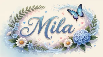 Mila horizontal diseño 4 - Composición magica con nombre en letra cursiva azul, rodeado de hortensias azules, margaritas blancas y delicadas flores silvestres, enmarcado por suaves remolinos de agua, mariposas azules y destellos estelares sobre un fondo etéreo y romántico.