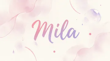 Mila horizontal diseño 7 - Diseño abstracto en acuarela sobre fondo crema, con manchas fluidas y etéreas en rosa pastel y lila, líneas curvas que aportan movimiento, pequeñas gotas salpicadas cayendo verticalmente y una burbuja translúcida en la parte superior izquierda. El nombre resalta al centro con una tipografía cursiva amplia y elegante en degradado rosa a morado.