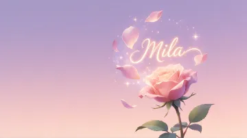 Mila horizontal diseño 8 - Fondo de Pantalla con degradado suave que transiciona de lila en la parte superior a melocotón y rosa pastel en la base, destacando una rosa rosada hiperrealista con tallo y hojas verdes. El nombre brilla en tipografía cursiva con efecto neón cálido, adornado con pétalos cayendo y chispas de luz mágica.