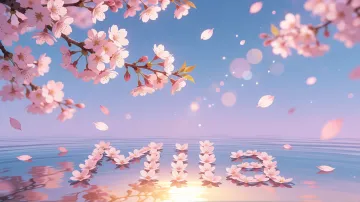 Mila horizontal diseño 9 - Composición serena y onírica con ramas de cerezo en flor (sakura) en la parte superior contra un cielo en degradado de azul suave y lila. Pétalos de color rosa pastel flotan delicadamente en el aire cayendo hacia una superficie de agua tranquila y cristalina. En el centro inferior, el nombre está formado por pétalos de flores con un sutil efecto de relieve 3D y tipografía floral, reflejándose sobre el agua que está iluminada por un cálido destello dorado de luz solar en la esquina inferior derecha.