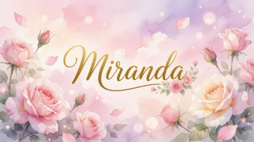 Miranda horizontal diseño 10 - Diseño estilo acuarela con un fondo etéreo y texturizado en nubes de tonos rosa pastel y lila suave. Presenta composiciones de rosas abiertas y capullos en los bordes inferior y superior, con pétalos cayendo delicadamente. Incorpora destellos de luz cálida (efecto bokeh) y, en el centro, resalta una tipografía elegante, cursiva y fluida en color dorado.