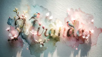 Miranda horizontal diseño 11 - Un delicado diseño de estilo acuarela digital que combina una tipografía de caligrafía personalizada para el nombre en tonos dorados y rosados suaves, adornada con pequeñas hojas y brotes. Un pajarito azul y naranja vibrante está posado en una de las letras. Todo está rodeado por un marco circular de ramas de cerezo en flor con delicadas flores rosadas y blancas. El fondo es un lavado de acuarela difuminado en tonos pastel suaves de azul cerceta, rosa rubor y melocotón sobre una textura de papel rugoso, con destellos luminosos y motas de luz bokeh flotando alrededor, creando una atmósfera mágica y soñadora. Las sombras suaves proyectadas añaden profundidad.