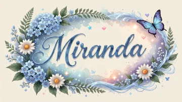 Miranda horizontal diseño 4 - Composición magica con nombre en letra cursiva azul, rodeado de hortensias azules, margaritas blancas y delicadas flores silvestres, enmarcado por suaves remolinos de agua, mariposas azules y destellos estelares sobre un fondo etéreo y romántico.