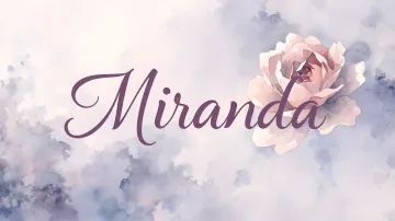 Miranda horizontal diseño 5 - Nombre en elegante tipografía cursiva caligráfica en tono lavanda, sobre fondo acuarela de cielo nublado en tonos pastel (azul, blanco, lavanda), decorado con rosa en acuarela de pétalos rosa pálido, blanco crema y lilas suaves con hojas en gris-verde.