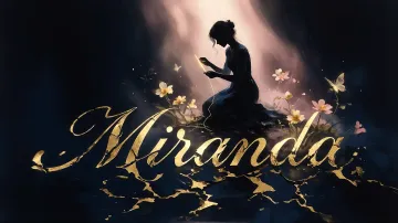Miranda horizontal diseño 6 - Composición de ilustración semirrealista cinematográfica con silueta femenina tejiendo un hilo dorado de luz sobre un suelo oscuro fracturado al estilo Kintsugi, donde el nombre resalta en un prominente guión caligráfico dorado que emerge de las grietas, rodeado de flores blancas, mariposas y un fondo degradado de azules profundos iluminado por una luz celestial en tonos melocotón y crema, con una frase de aliento en tipografía blanca en la parte inferior.