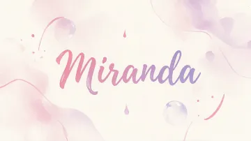 Miranda horizontal diseño 7 - Diseño abstracto en acuarela sobre fondo crema, con manchas fluidas y etéreas en rosa pastel y lila, líneas curvas que aportan movimiento, pequeñas gotas salpicadas cayendo verticalmente y una burbuja translúcida en la parte superior izquierda. El nombre resalta al centro con una tipografía cursiva amplia y elegante en degradado rosa a morado.