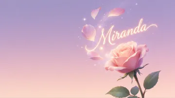 Miranda horizontal diseño 8 - Fondo de Pantalla con degradado suave que transiciona de lila en la parte superior a melocotón y rosa pastel en la base, destacando una rosa rosada hiperrealista con tallo y hojas verdes. El nombre brilla en tipografía cursiva con efecto neón cálido, adornado con pétalos cayendo y chispas de luz mágica.