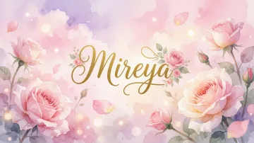 Mireya horizontal diseño 10 - Diseño estilo acuarela con un fondo etéreo y texturizado en nubes de tonos rosa pastel y lila suave. Presenta composiciones de rosas abiertas y capullos en los bordes inferior y superior, con pétalos cayendo delicadamente. Incorpora destellos de luz cálida (efecto bokeh) y, en el centro, resalta una tipografía elegante, cursiva y fluida en color dorado.