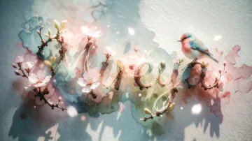 Mireya horizontal diseño 11 - Un delicado diseño de estilo acuarela digital que combina una tipografía de caligrafía personalizada para el nombre en tonos dorados y rosados suaves, adornada con pequeñas hojas y brotes. Un pajarito azul y naranja vibrante está posado en una de las letras. Todo está rodeado por un marco circular de ramas de cerezo en flor con delicadas flores rosadas y blancas. El fondo es un lavado de acuarela difuminado en tonos pastel suaves de azul cerceta, rosa rubor y melocotón sobre una textura de papel rugoso, con destellos luminosos y motas de luz bokeh flotando alrededor, creando una atmósfera mágica y soñadora. Las sombras suaves proyectadas añaden profundidad.