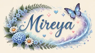 Mireya horizontal diseño 4 - Composición magica con nombre en letra cursiva azul, rodeado de hortensias azules, margaritas blancas y delicadas flores silvestres, enmarcado por suaves remolinos de agua, mariposas azules y destellos estelares sobre un fondo etéreo y romántico.
