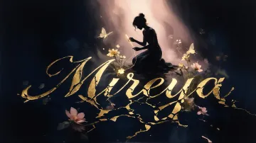 Mireya horizontal diseño 6 - Composición de ilustración semirrealista cinematográfica con silueta femenina tejiendo un hilo dorado de luz sobre un suelo oscuro fracturado al estilo Kintsugi, donde el nombre resalta en un prominente guión caligráfico dorado que emerge de las grietas, rodeado de flores blancas, mariposas y un fondo degradado de azules profundos iluminado por una luz celestial en tonos melocotón y crema, con una frase de aliento en tipografía blanca en la parte inferior.
