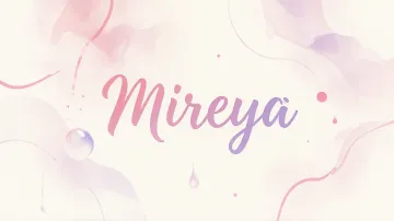 Mireya horizontal diseño 7 - Diseño abstracto en acuarela sobre fondo crema, con manchas fluidas y etéreas en rosa pastel y lila, líneas curvas que aportan movimiento, pequeñas gotas salpicadas cayendo verticalmente y una burbuja translúcida en la parte superior izquierda. El nombre resalta al centro con una tipografía cursiva amplia y elegante en degradado rosa a morado.