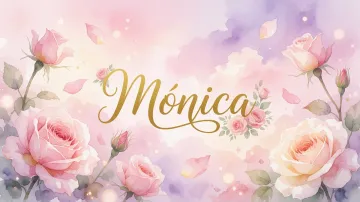 Monica horizontal diseño 10 - Diseño estilo acuarela con un fondo etéreo y texturizado en nubes de tonos rosa pastel y lila suave. Presenta composiciones de rosas abiertas y capullos en los bordes inferior y superior, con pétalos cayendo delicadamente. Incorpora destellos de luz cálida (efecto bokeh) y, en el centro, resalta una tipografía elegante, cursiva y fluida en color dorado.