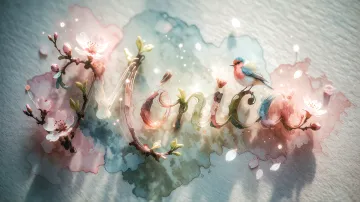 Monica horizontal diseño 11 - Un delicado diseño de estilo acuarela digital que combina una tipografía de caligrafía personalizada para el nombre en tonos dorados y rosados suaves, adornada con pequeñas hojas y brotes. Un pajarito azul y naranja vibrante está posado en una de las letras. Todo está rodeado por un marco circular de ramas de cerezo en flor con delicadas flores rosadas y blancas. El fondo es un lavado de acuarela difuminado en tonos pastel suaves de azul cerceta, rosa rubor y melocotón sobre una textura de papel rugoso, con destellos luminosos y motas de luz bokeh flotando alrededor, creando una atmósfera mágica y soñadora. Las sombras suaves proyectadas añaden profundidad.