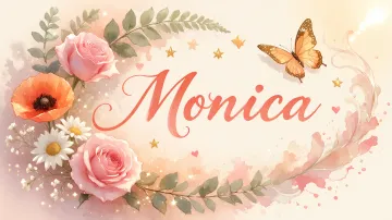 Monica horizontal diseño 3 - Elegante composición de rosas rosadas y amapolas naranjas con mariposas doradas brillantes sobre un fondo cálido, romántico y mágico.
