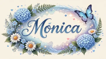Monica horizontal diseño 4 - Composición magica con nombre en letra cursiva azul, rodeado de hortensias azules, margaritas blancas y delicadas flores silvestres, enmarcado por suaves remolinos de agua, mariposas azules y destellos estelares sobre un fondo etéreo y romántico.