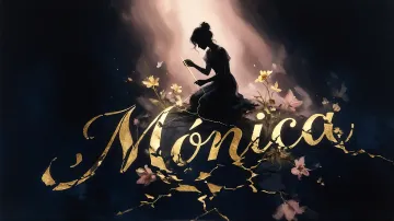 Monica horizontal diseño 6 - Composición de ilustración semirrealista cinematográfica con silueta femenina tejiendo un hilo dorado de luz sobre un suelo oscuro fracturado al estilo Kintsugi, donde el nombre resalta en un prominente guión caligráfico dorado que emerge de las grietas, rodeado de flores blancas, mariposas y un fondo degradado de azules profundos iluminado por una luz celestial en tonos melocotón y crema, con una frase de aliento en tipografía blanca en la parte inferior.