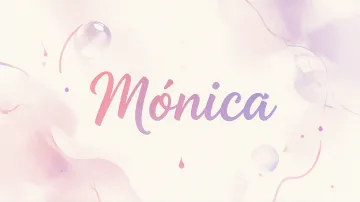 Monica horizontal diseño 7 - Diseño abstracto en acuarela sobre fondo crema, con manchas fluidas y etéreas en rosa pastel y lila, líneas curvas que aportan movimiento, pequeñas gotas salpicadas cayendo verticalmente y una burbuja translúcida en la parte superior izquierda. El nombre resalta al centro con una tipografía cursiva amplia y elegante en degradado rosa a morado.