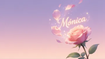 Monica horizontal diseño 8 - Fondo de Pantalla con degradado suave que transiciona de lila en la parte superior a melocotón y rosa pastel en la base, destacando una rosa rosada hiperrealista con tallo y hojas verdes. El nombre brilla en tipografía cursiva con efecto neón cálido, adornado con pétalos cayendo y chispas de luz mágica.