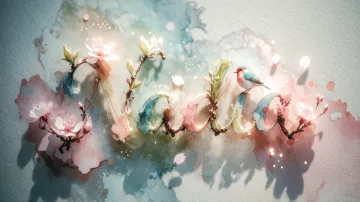 Nadia horizontal diseño 11 - Un delicado diseño de estilo acuarela digital que combina una tipografía de caligrafía personalizada para el nombre en tonos dorados y rosados suaves, adornada con pequeñas hojas y brotes. Un pajarito azul y naranja vibrante está posado en una de las letras. Todo está rodeado por un marco circular de ramas de cerezo en flor con delicadas flores rosadas y blancas. El fondo es un lavado de acuarela difuminado en tonos pastel suaves de azul cerceta, rosa rubor y melocotón sobre una textura de papel rugoso, con destellos luminosos y motas de luz bokeh flotando alrededor, creando una atmósfera mágica y soñadora. Las sombras suaves proyectadas añaden profundidad.