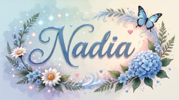 Nadia horizontal diseño 4 - Composición magica con nombre en letra cursiva azul, rodeado de hortensias azules, margaritas blancas y delicadas flores silvestres, enmarcado por suaves remolinos de agua, mariposas azules y destellos estelares sobre un fondo etéreo y romántico.