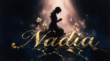 Nadia horizontal diseño 6 - Composición de ilustración semirrealista cinematográfica con silueta femenina tejiendo un hilo dorado de luz sobre un suelo oscuro fracturado al estilo Kintsugi, donde el nombre resalta en un prominente guión caligráfico dorado que emerge de las grietas, rodeado de flores blancas, mariposas y un fondo degradado de azules profundos iluminado por una luz celestial en tonos melocotón y crema, con una frase de aliento en tipografía blanca en la parte inferior.