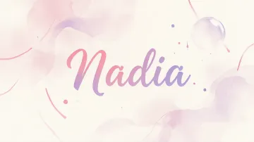 Nadia horizontal diseño 7 - Diseño abstracto en acuarela sobre fondo crema, con manchas fluidas y etéreas en rosa pastel y lila, líneas curvas que aportan movimiento, pequeñas gotas salpicadas cayendo verticalmente y una burbuja translúcida en la parte superior izquierda. El nombre resalta al centro con una tipografía cursiva amplia y elegante en degradado rosa a morado.