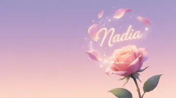 Nadia horizontal diseño 8 - Fondo de Pantalla con degradado suave que transiciona de lila en la parte superior a melocotón y rosa pastel en la base, destacando una rosa rosada hiperrealista con tallo y hojas verdes. El nombre brilla en tipografía cursiva con efecto neón cálido, adornado con pétalos cayendo y chispas de luz mágica.