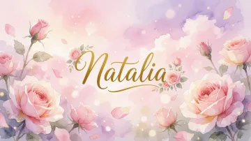 Natalia horizontal diseño 10 - Diseño estilo acuarela con un fondo etéreo y texturizado en nubes de tonos rosa pastel y lila suave. Presenta composiciones de rosas abiertas y capullos en los bordes inferior y superior, con pétalos cayendo delicadamente. Incorpora destellos de luz cálida (efecto bokeh) y, en el centro, resalta una tipografía elegante, cursiva y fluida en color dorado.