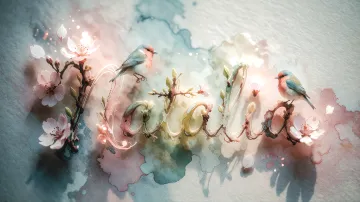 Natalia horizontal diseño 11 - Un delicado diseño de estilo acuarela digital que combina una tipografía de caligrafía personalizada para el nombre en tonos dorados y rosados suaves, adornada con pequeñas hojas y brotes. Un pajarito azul y naranja vibrante está posado en una de las letras. Todo está rodeado por un marco circular de ramas de cerezo en flor con delicadas flores rosadas y blancas. El fondo es un lavado de acuarela difuminado en tonos pastel suaves de azul cerceta, rosa rubor y melocotón sobre una textura de papel rugoso, con destellos luminosos y motas de luz bokeh flotando alrededor, creando una atmósfera mágica y soñadora. Las sombras suaves proyectadas añaden profundidad.