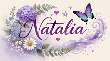 Natalia horizontal diseño 2 - Diseño elegante de hortensias en tonos lila y morados suaves, con volutas estilizadas y una mariposa mística que aporta un toque etéreo y mágico.