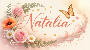 Natalia horizontal diseño 3 - Elegante composición de rosas rosadas y amapolas naranjas con mariposas doradas brillantes sobre un fondo cálido, romántico y mágico.