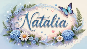 Natalia horizontal diseño 4 - Composición magica con nombre en letra cursiva azul, rodeado de hortensias azules, margaritas blancas y delicadas flores silvestres, enmarcado por suaves remolinos de agua, mariposas azules y destellos estelares sobre un fondo etéreo y romántico.