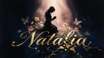Natalia horizontal diseño 6 - Composición de ilustración semirrealista cinematográfica con silueta femenina tejiendo un hilo dorado de luz sobre un suelo oscuro fracturado al estilo Kintsugi, donde el nombre resalta en un prominente guión caligráfico dorado que emerge de las grietas, rodeado de flores blancas, mariposas y un fondo degradado de azules profundos iluminado por una luz celestial en tonos melocotón y crema, con una frase de aliento en tipografía blanca en la parte inferior.