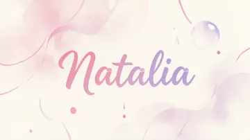 Natalia horizontal diseño 7 - Diseño abstracto en acuarela sobre fondo crema, con manchas fluidas y etéreas en rosa pastel y lila, líneas curvas que aportan movimiento, pequeñas gotas salpicadas cayendo verticalmente y una burbuja translúcida en la parte superior izquierda. El nombre resalta al centro con una tipografía cursiva amplia y elegante en degradado rosa a morado.