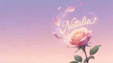 Natalia horizontal diseño 8 - Fondo de Pantalla con degradado suave que transiciona de lila en la parte superior a melocotón y rosa pastel en la base, destacando una rosa rosada hiperrealista con tallo y hojas verdes. El nombre brilla en tipografía cursiva con efecto neón cálido, adornado con pétalos cayendo y chispas de luz mágica.