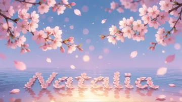 Natalia horizontal diseño 9 - Composición serena y onírica con ramas de cerezo en flor (sakura) en la parte superior contra un cielo en degradado de azul suave y lila. Pétalos de color rosa pastel flotan delicadamente en el aire cayendo hacia una superficie de agua tranquila y cristalina. En el centro inferior, el nombre está formado por pétalos de flores con un sutil efecto de relieve 3D y tipografía floral, reflejándose sobre el agua que está iluminada por un cálido destello dorado de luz solar en la esquina inferior derecha.