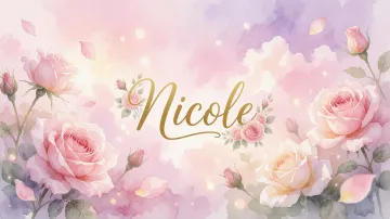 Nicole horizontal diseño 10 - Diseño estilo acuarela con un fondo etéreo y texturizado en nubes de tonos rosa pastel y lila suave. Presenta composiciones de rosas abiertas y capullos en los bordes inferior y superior, con pétalos cayendo delicadamente. Incorpora destellos de luz cálida (efecto bokeh) y, en el centro, resalta una tipografía elegante, cursiva y fluida en color dorado.