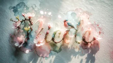 Nicole horizontal diseño 11 - Un delicado diseño de estilo acuarela digital que combina una tipografía de caligrafía personalizada para el nombre en tonos dorados y rosados suaves, adornada con pequeñas hojas y brotes. Un pajarito azul y naranja vibrante está posado en una de las letras. Todo está rodeado por un marco circular de ramas de cerezo en flor con delicadas flores rosadas y blancas. El fondo es un lavado de acuarela difuminado en tonos pastel suaves de azul cerceta, rosa rubor y melocotón sobre una textura de papel rugoso, con destellos luminosos y motas de luz bokeh flotando alrededor, creando una atmósfera mágica y soñadora. Las sombras suaves proyectadas añaden profundidad.