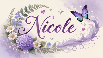 Nicole horizontal diseño 2 - Diseño elegante de hortensias en tonos lila y morados suaves, con volutas estilizadas y una mariposa mística que aporta un toque etéreo y mágico.