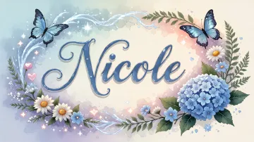 Nicole horizontal diseño 4 - Composición magica con nombre en letra cursiva azul, rodeado de hortensias azules, margaritas blancas y delicadas flores silvestres, enmarcado por suaves remolinos de agua, mariposas azules y destellos estelares sobre un fondo etéreo y romántico.