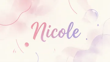 Nicole horizontal diseño 7 - Diseño abstracto en acuarela sobre fondo crema, con manchas fluidas y etéreas en rosa pastel y lila, líneas curvas que aportan movimiento, pequeñas gotas salpicadas cayendo verticalmente y una burbuja translúcida en la parte superior izquierda. El nombre resalta al centro con una tipografía cursiva amplia y elegante en degradado rosa a morado.