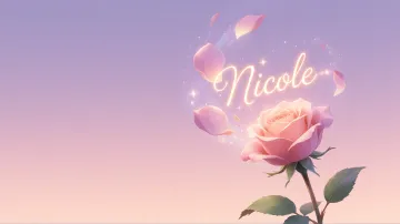 Nicole horizontal diseño 8 - Fondo de Pantalla con degradado suave que transiciona de lila en la parte superior a melocotón y rosa pastel en la base, destacando una rosa rosada hiperrealista con tallo y hojas verdes. El nombre brilla en tipografía cursiva con efecto neón cálido, adornado con pétalos cayendo y chispas de luz mágica.