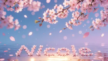 Nicole horizontal diseño 9 - Composición serena y onírica con ramas de cerezo en flor (sakura) en la parte superior contra un cielo en degradado de azul suave y lila. Pétalos de color rosa pastel flotan delicadamente en el aire cayendo hacia una superficie de agua tranquila y cristalina. En el centro inferior, el nombre está formado por pétalos de flores con un sutil efecto de relieve 3D y tipografía floral, reflejándose sobre el agua que está iluminada por un cálido destello dorado de luz solar en la esquina inferior derecha.