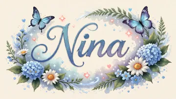 Nina horizontal diseño 4 - Composición magica con nombre en letra cursiva azul, rodeado de hortensias azules, margaritas blancas y delicadas flores silvestres, enmarcado por suaves remolinos de agua, mariposas azules y destellos estelares sobre un fondo etéreo y romántico.