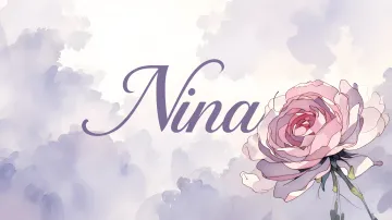 Nina horizontal diseño 5 - Nombre en elegante tipografía cursiva caligráfica en tono lavanda, sobre fondo acuarela de cielo nublado en tonos pastel (azul, blanco, lavanda), decorado con rosa en acuarela de pétalos rosa pálido, blanco crema y lilas suaves con hojas en gris-verde.