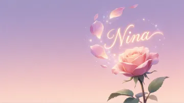 Nina horizontal diseño 8 - Fondo de Pantalla con degradado suave que transiciona de lila en la parte superior a melocotón y rosa pastel en la base, destacando una rosa rosada hiperrealista con tallo y hojas verdes. El nombre brilla en tipografía cursiva con efecto neón cálido, adornado con pétalos cayendo y chispas de luz mágica.