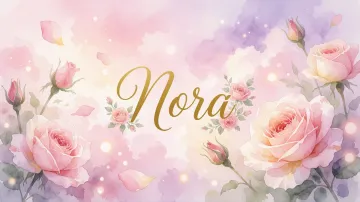 Nora horizontal diseño 10 - Diseño estilo acuarela con un fondo etéreo y texturizado en nubes de tonos rosa pastel y lila suave. Presenta composiciones de rosas abiertas y capullos en los bordes inferior y superior, con pétalos cayendo delicadamente. Incorpora destellos de luz cálida (efecto bokeh) y, en el centro, resalta una tipografía elegante, cursiva y fluida en color dorado.
